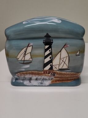 Vintage Nautica Blue and White Lighthouse Ceramic Decorative Napkin Holder